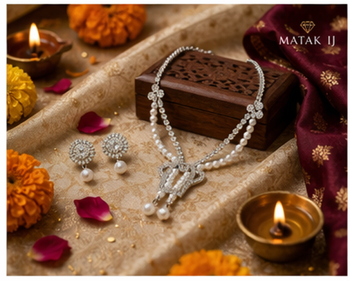 Matak IJ || Pearl and American Diamond Necklace Set with Earrings (Free) 17464W