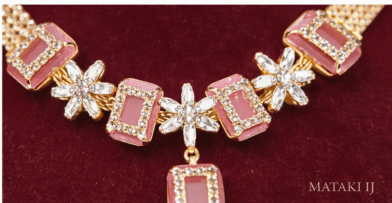 Matak IJ || Elegant Pink & Maroon Stone Gold-Plated Necklace Set with Matching Earrings (Free) 17462