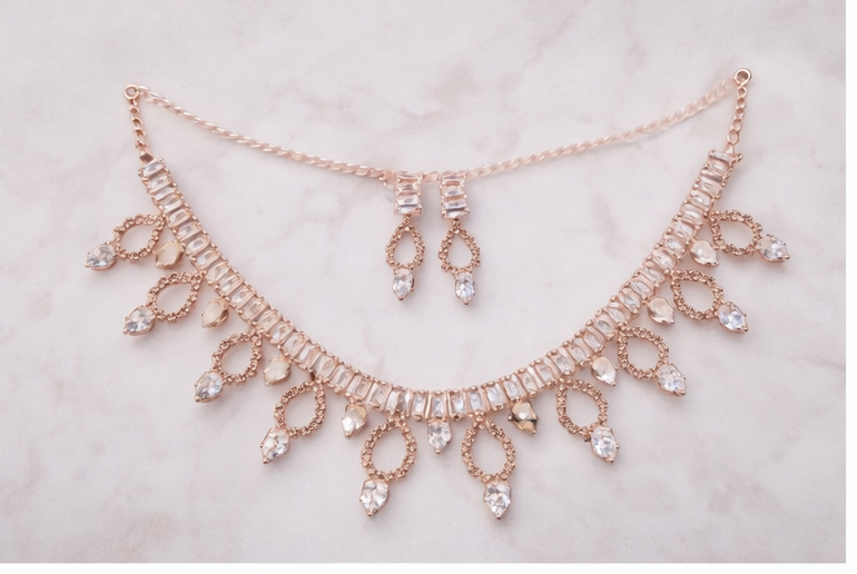 Matak IJ || Elegant Rose Gold Crystal Cascade Necklace Set with Earrings (Free) 17472