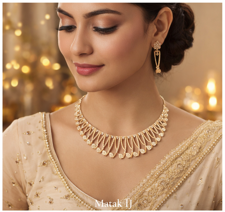 Matak IJ || Royal Gold-Tone Crystal Drop Necklace Set with Earrings (Free) 16518
