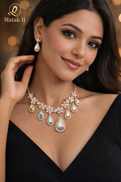 Matak IJ || Luxury Crystal Teardrop Necklace set with Earrings (Free) 17504