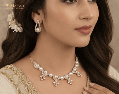 Matak IJ || Elegant Rose Gold Pearl & CZ Necklace Set with Earrings (Free) 17465