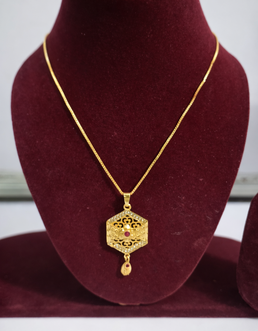 Matak IJ || Elegant Hexa Charm Gold Pendant Set with Ruby Accent with Earrings (Free) 17507-5
