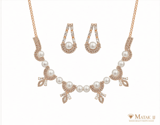 Matak IJ || Elegant Rose Gold Pearl & CZ Necklace Set with Earrings (Free) 17465