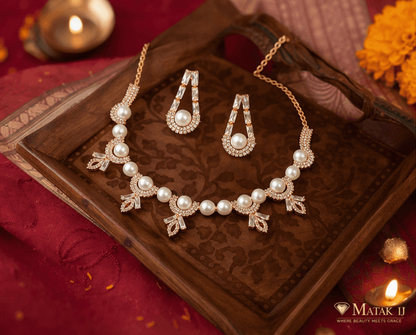 Matak IJ || Elegant Rose Gold Pearl & CZ Necklace Set with Earrings (Free) 17465