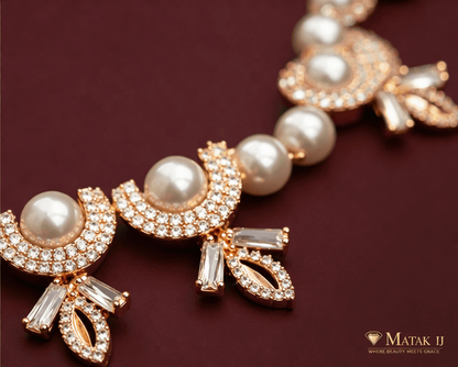 Matak IJ || Elegant Rose Gold Pearl & CZ Necklace Set with Earrings (Free) 17465