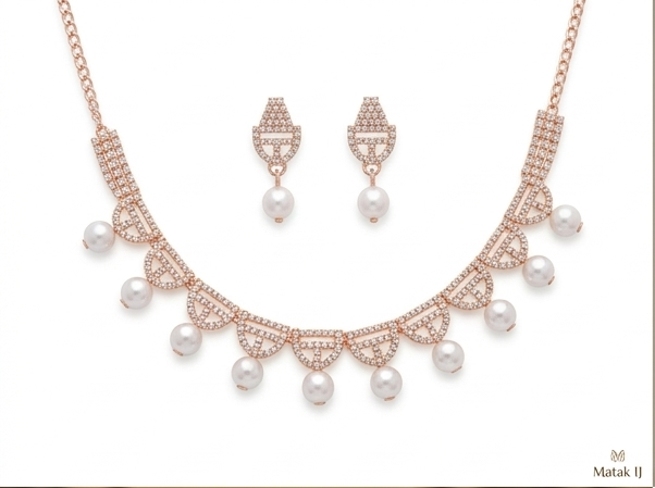 Matak IJ || Elegant Rose Gold Pearl Drop Necklace Set with Earring Set (Free) 17464