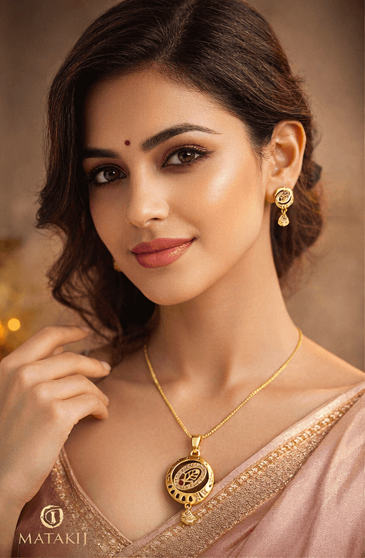 Matak IJ || Elegant Gold-Tone Circular Pendant Necklace Set with Matching Earrings (Free) 17507-6
