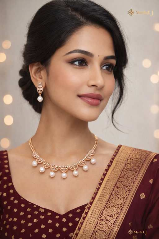 Matak IJ || Elegant Rose Gold Pearl Drop Necklace Set with Earring Set (Free) 17464
