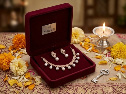 Matak IJ || Elegant Rose Gold Pearl Drop Necklace Set with Earring Set (Free) 17464