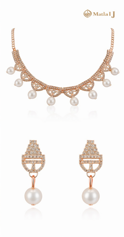 Matak IJ || Elegant Rose Gold Pearl Drop Necklace Set with Earring Set (Free) 17464