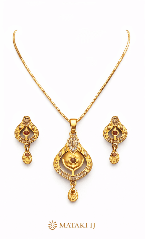 Matak IJ || Elegant Traditional Gold-Plated Pendant Necklace Set with Earrings (Free) 17507-1