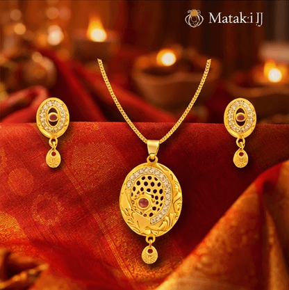 Matak IJ || Divine Oval Temple Design Gold Pendant Necklace Set with Earrings (Free) 17507-2