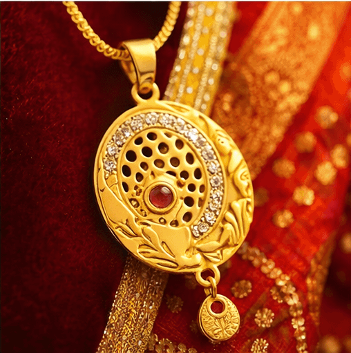 Matak IJ || Divine Oval Temple Design Gold Pendant Necklace Set with Earrings (Free) 17507-2