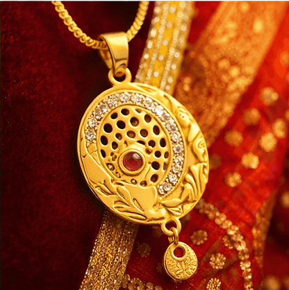 Matak IJ || Divine Oval Temple Design Gold Pendant Necklace Set with Earrings (Free) 17507-2