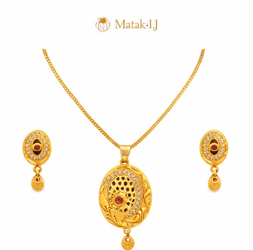 Matak IJ || Divine Oval Temple Design Gold Pendant Necklace Set with Earrings (Free) 17507-2
