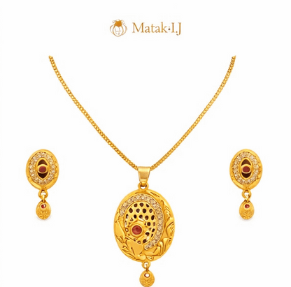 Matak IJ || Divine Oval Temple Design Gold Pendant Necklace Set with Earrings (Free) 17507-2