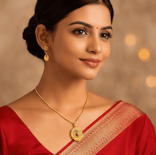 Matak IJ || Divine Oval Temple Design Gold Pendant Necklace Set with Earrings (Free) 17507-2
