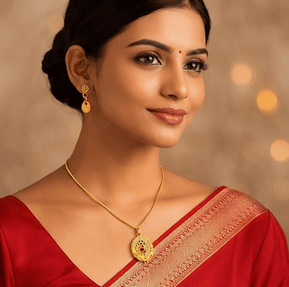 Matak IJ || Divine Oval Temple Design Gold Pendant Necklace Set with Earrings (Free) 17507-2