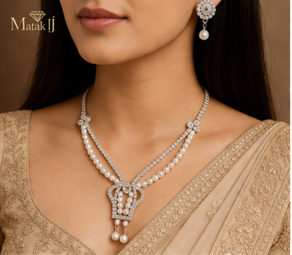 Matak IJ || Pearl and American Diamond Necklace Set with Earrings (Free) 17464W