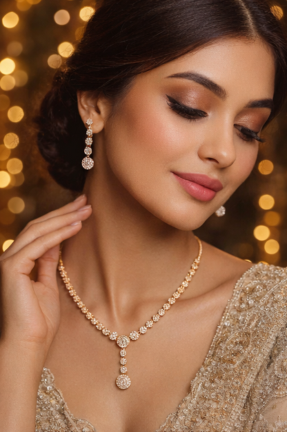 Matak IJ || Elegant Rose Gold Sparkling Drop Necklace Set with Earrings (Free) 17645