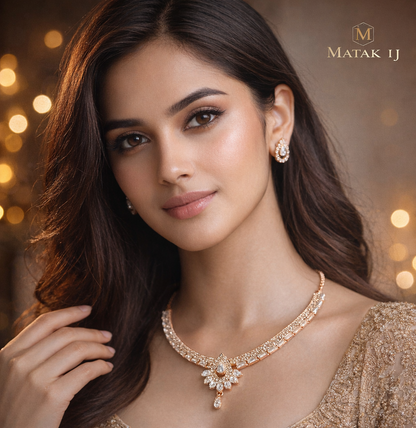 Matak IJ || Elegant Rose Gold AD Stone Necklace Set with Premium Crystal Pendant & Earrings (Free) 17458