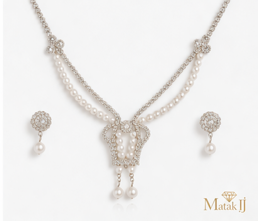 Matak IJ || Pearl and American Diamond Necklace Set with Earrings (Free) 17464W