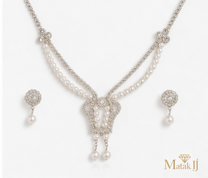 Matak IJ || Pearl and American Diamond Necklace Set with Earrings (Free) 17464W