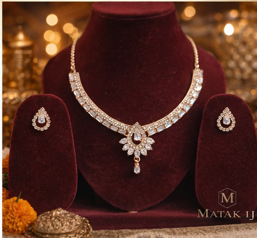 Matak IJ || Elegant Rose Gold AD Stone Necklace Set with Premium Crystal Pendant & Earrings (Free) 17458