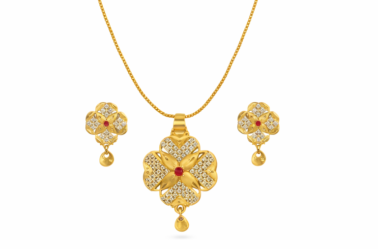 Matak IJ || Elegant Floral Temple Design Gold Pendant Necklace Set for Women with Earrings Free 12298