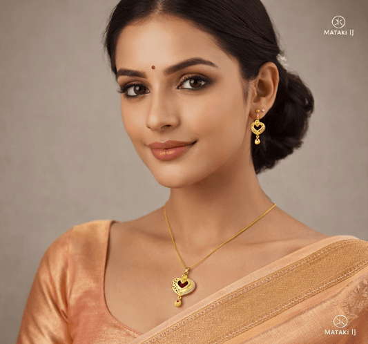 Matak IJ || Elegant Heart Charm Gold-Plated Necklace Set with Earrings (Free) 17507-8