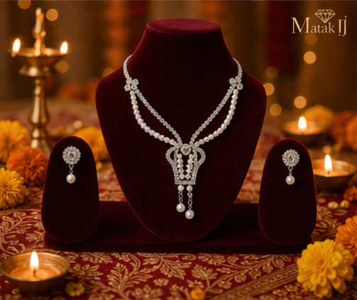Matak IJ || Pearl and American Diamond Necklace Set with Earrings (Free) 17464W