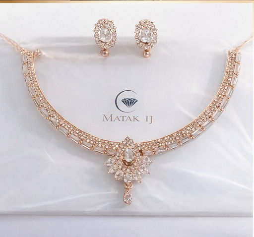 Matak IJ || Elegant Rose Gold AD Stone Necklace Set with Premium Crystal Pendant & Earrings (Free) 17458