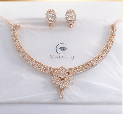 Matak IJ || Elegant Rose Gold AD Stone Necklace Set with Premium Crystal Pendant & Earrings (Free) 17458