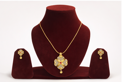 Matak IJ || Elegant Floral Temple Design Gold Pendant Necklace Set for Women with Earrings Free 12298