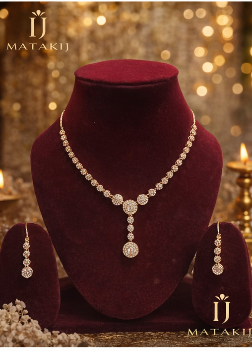 Matak IJ || Elegant Rose Gold Sparkling Drop Necklace Set with Earrings (Free) 17645