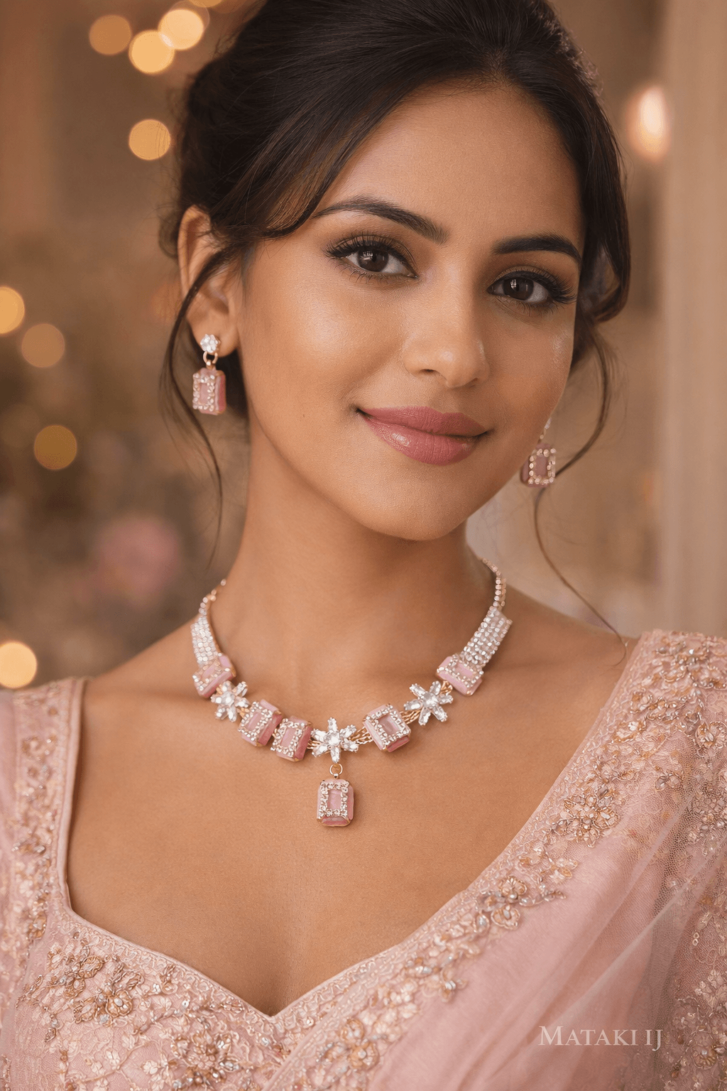 Matak IJ || Elegant Pink & Maroon Stone Gold-Plated Necklace Set with Matching Earrings (Free) 17462