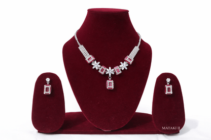 Matak IJ || Elegant Pink & Maroon Stone Gold-Plated Necklace Set with Matching Earrings (Free) 17462