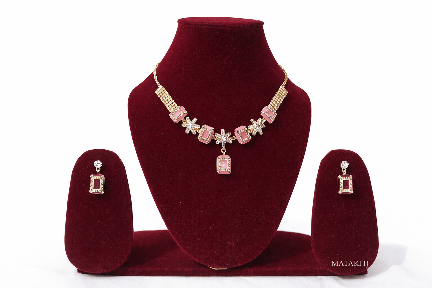 Matak IJ || Elegant Pink & Maroon Stone Gold-Plated Necklace Set with Matching Earrings (Free) 17462