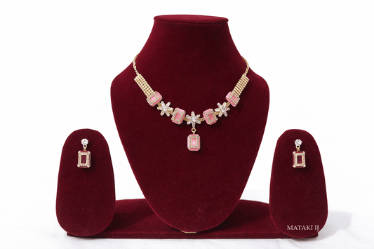 Matak IJ || Elegant Pink & Maroon Stone Gold-Plated Necklace Set with Matching Earrings (Free) 17462