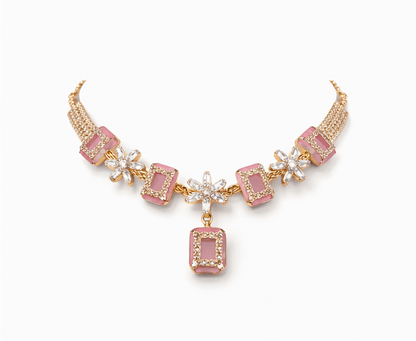 Matak IJ || Elegant Pink & Maroon Stone Gold-Plated Necklace Set with Matching Earrings (Free) 17462
