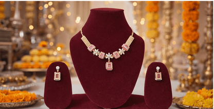 Matak IJ || Elegant Pink & Maroon Stone Gold-Plated Necklace Set with Matching Earrings (Free) 17462