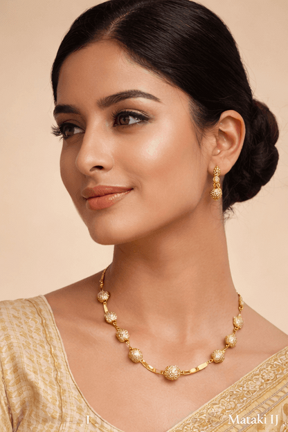 Matak IJ || Elegant Gold Textured Beaded Necklace Set with Matching Earrings (Free) 17630