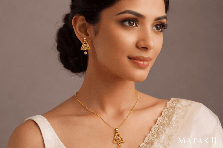 Matak IJ || Elegant Temple-Inspired Gold Pendant Necklace Set with Matching Earrings (Free) 17507-4