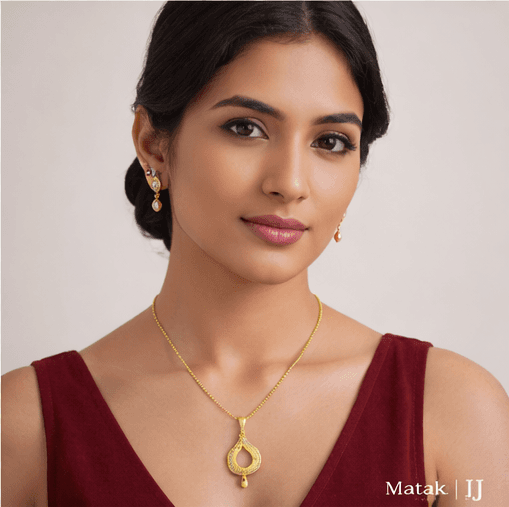 Matak IJ || Elegant Teardrop Gold Pendant Necklace Set with Matching Earrings (Free) 17507-7