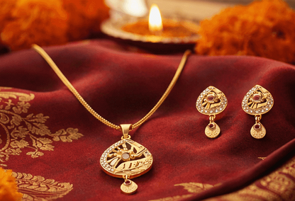 Matak IJ || Royal Radiance Gold Pendant Necklace Set with Elegant Earrings (Free) 17507-3