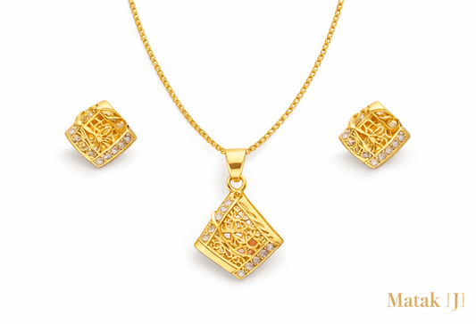 Matak IJ || Elegant Gold-Plated Filigree Pendant Necklace Set with Stud Earrings (Free) 16945