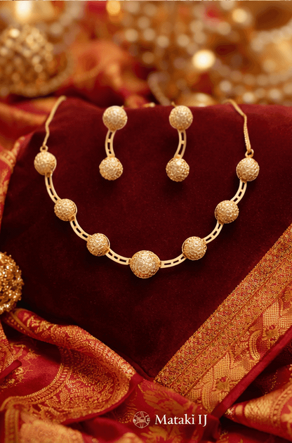 Matak IJ || Elegant Gold Textured Beaded Necklace Set with Matching Earrings (Free) 17630