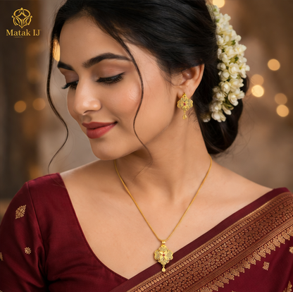 Matak IJ || Elegant Floral Temple Design Gold Pendant Necklace Set for Women with Earrings Free 12298