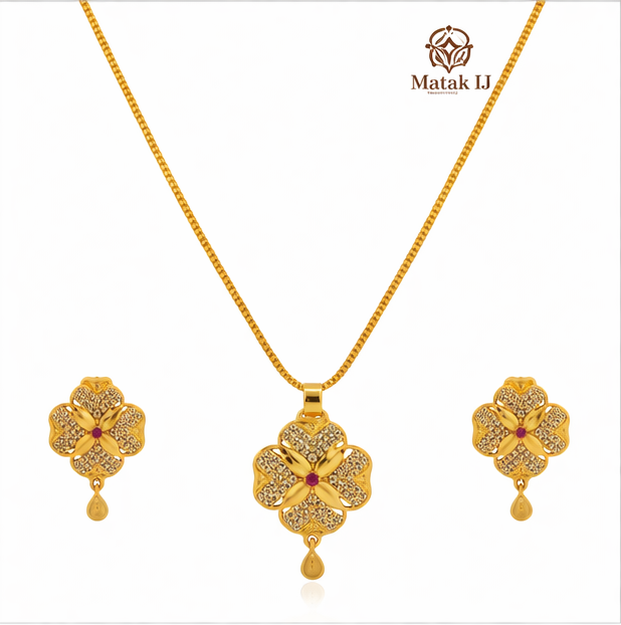 Matak IJ || Elegant Floral Temple Design Gold Pendant Necklace Set for Women with Earrings Free 12298